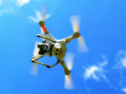 white quadcopter on sky, drone, quadrocopter, flying machine HD wallpaper