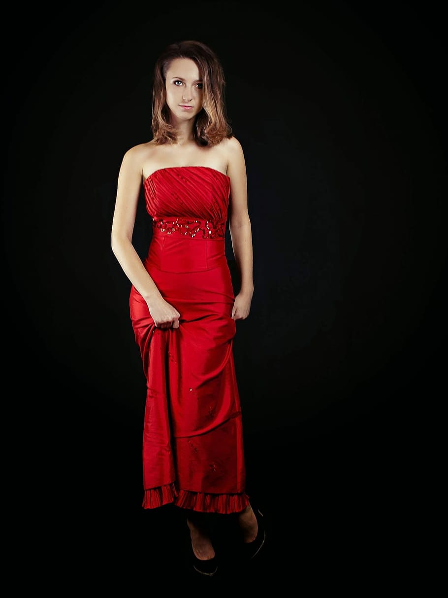 woman in red strapless maxi dress, portrait, studio, girl, nice, HD wallpaper