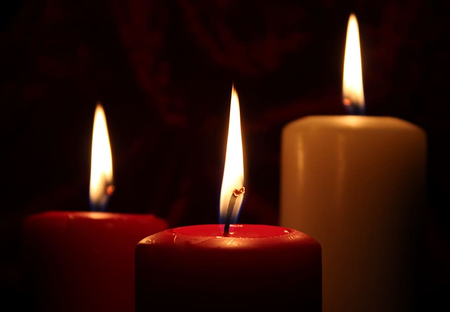photo of two red and one brown candles, fire, flame, night HD wallpaper