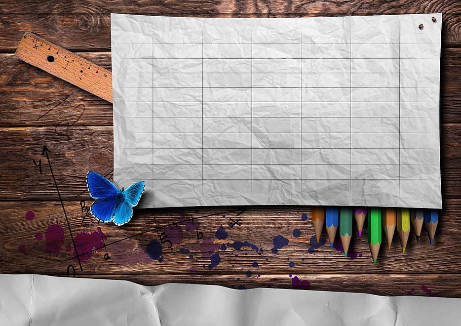 rectangular white case on colored pencils with ruler, crumpled, HD wallpaper