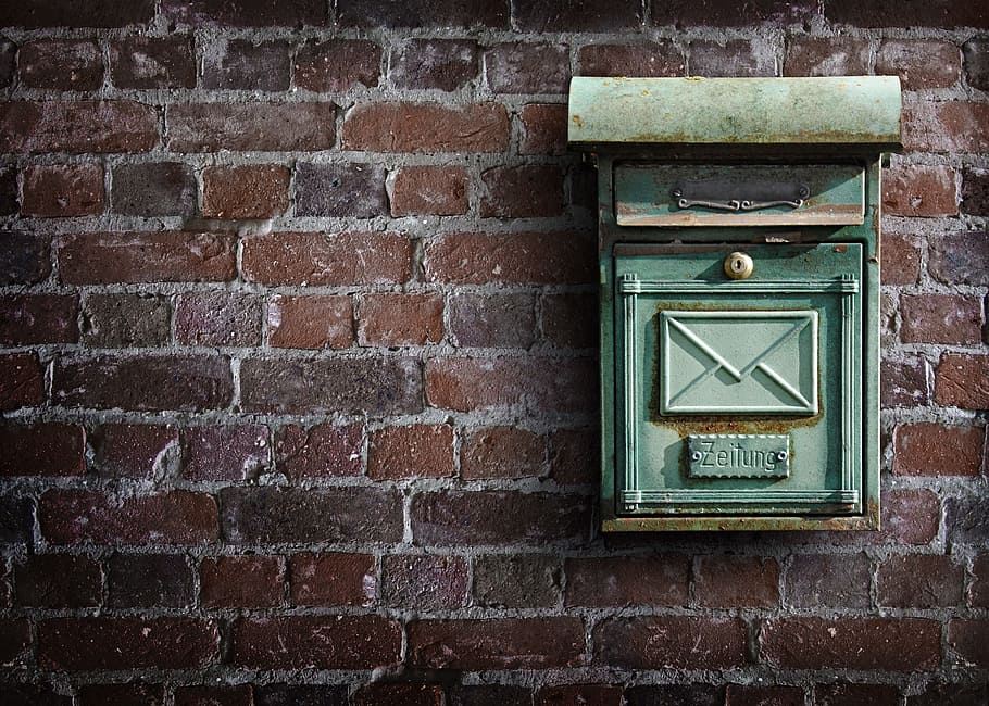 green steel mailbox, wall, post, letter boxes, stone wall, weathered, HD wallpaper