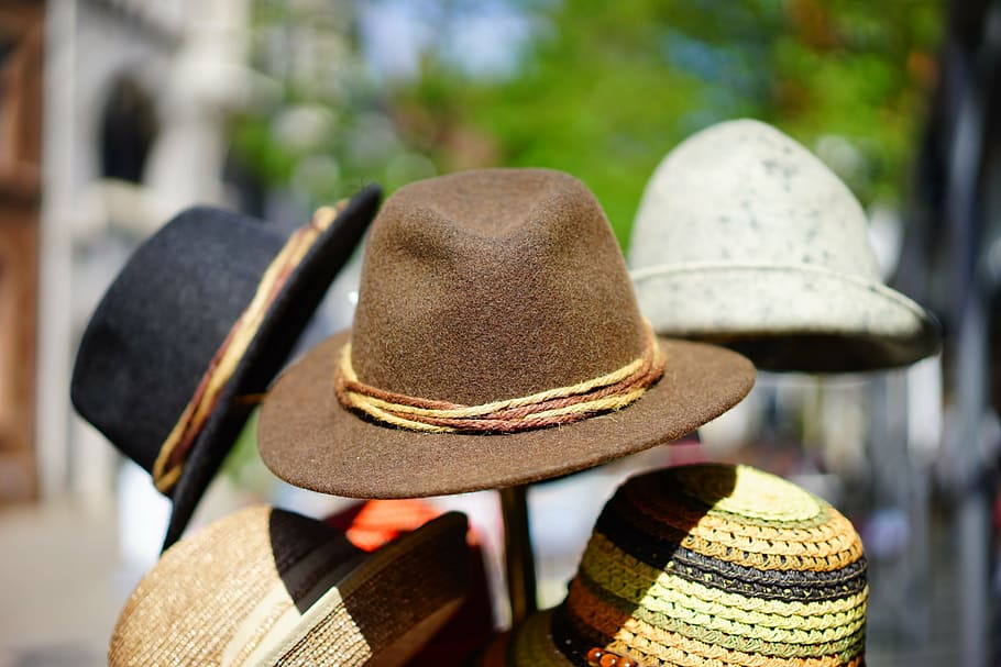 assorted-color hats on hat stand, fedora, hat manufacture, stack HD wallpaper