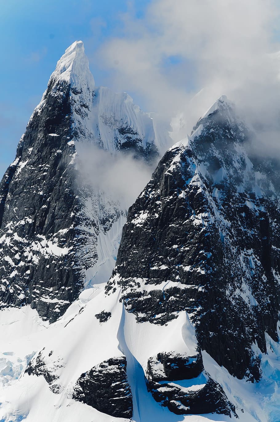 Black Snow Covered Mountain, cold, fog, landscape, peak, rocky mountain HD wallpaper