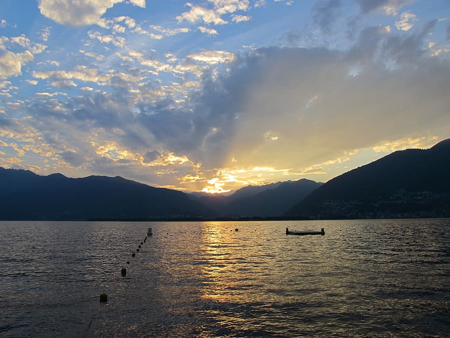 sunset, abendstimmung, lake, romance, water, sky, mountain HD wallpaper