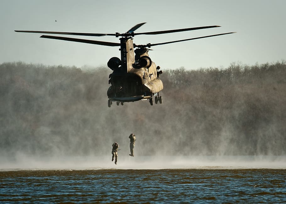 Gray Helicopter Above Body of Water, army, chopper, jump, lake HD wallpaper