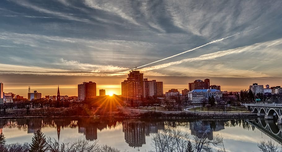 white and black high rise building at the city, sunset, saskatoon HD wallpaper