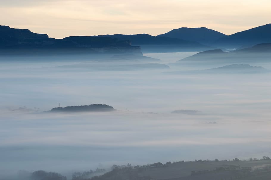 fog, dawn, landscape, mountain, nature, sunset, scenics, outdoors HD wallpaper