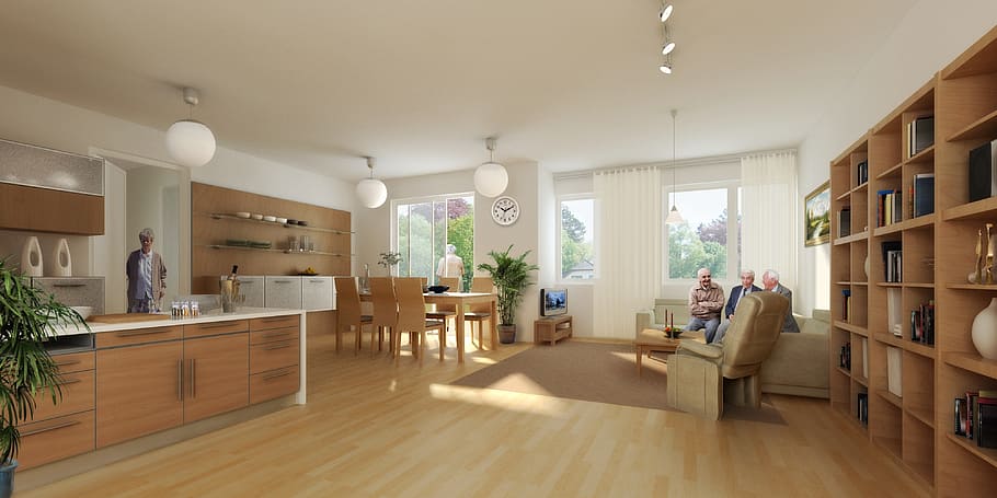 people inside room, interior, villa, rendering, visualization HD wallpaper