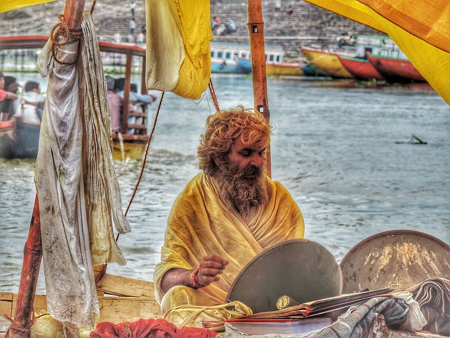 Way to Enlightenment, man riding on canoe boat, priest, river HD wallpaper