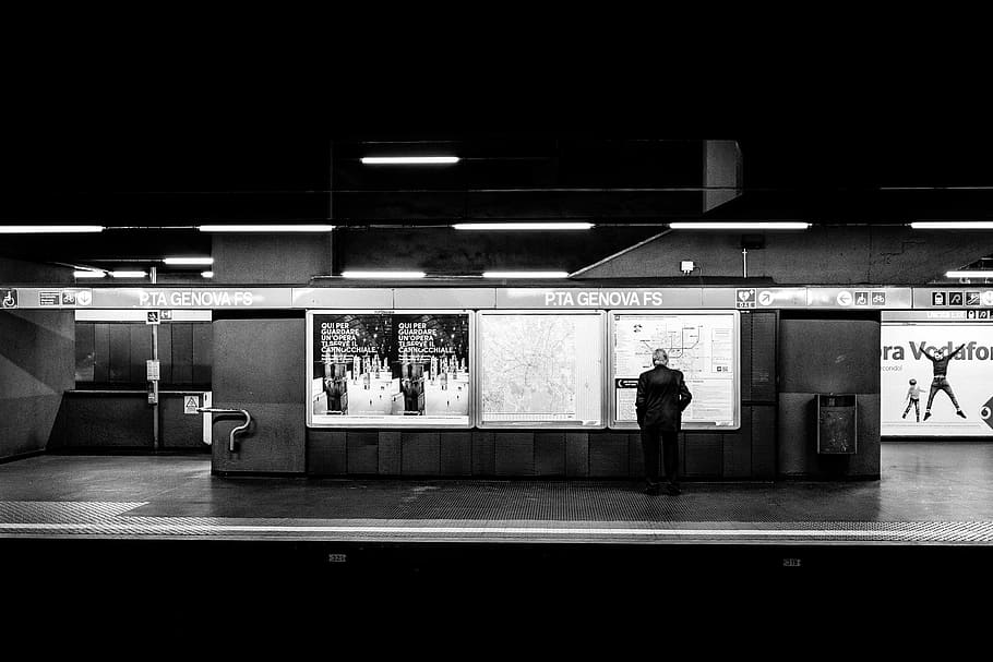 grayscale photography of man near train track, male, platform HD wallpaper