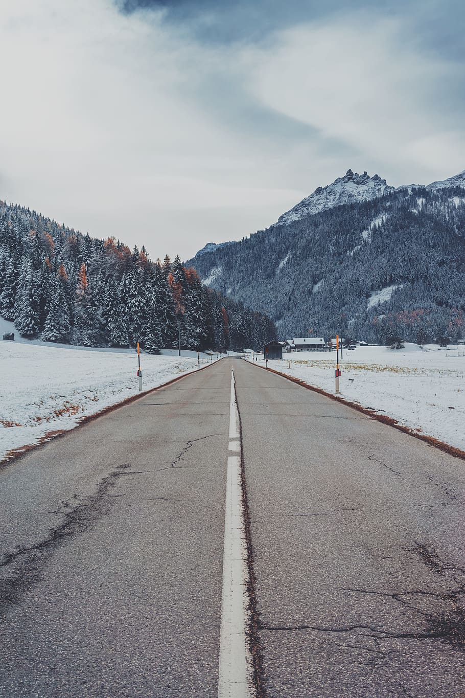 road, tree, plants, house, snow, winter, sky, clouds, mountain HD wallpaper