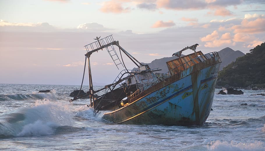 blue ship wreck, broken, rotten, sunken, greece, europe, boat HD wallpaper