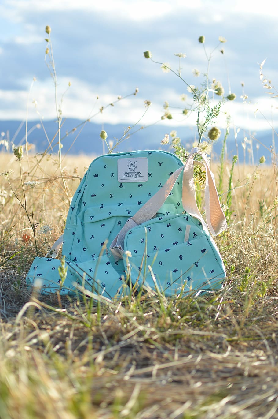 green leather backpack beside crossbody bag on grass field during daytime, teal backpack and crossbody on grass field