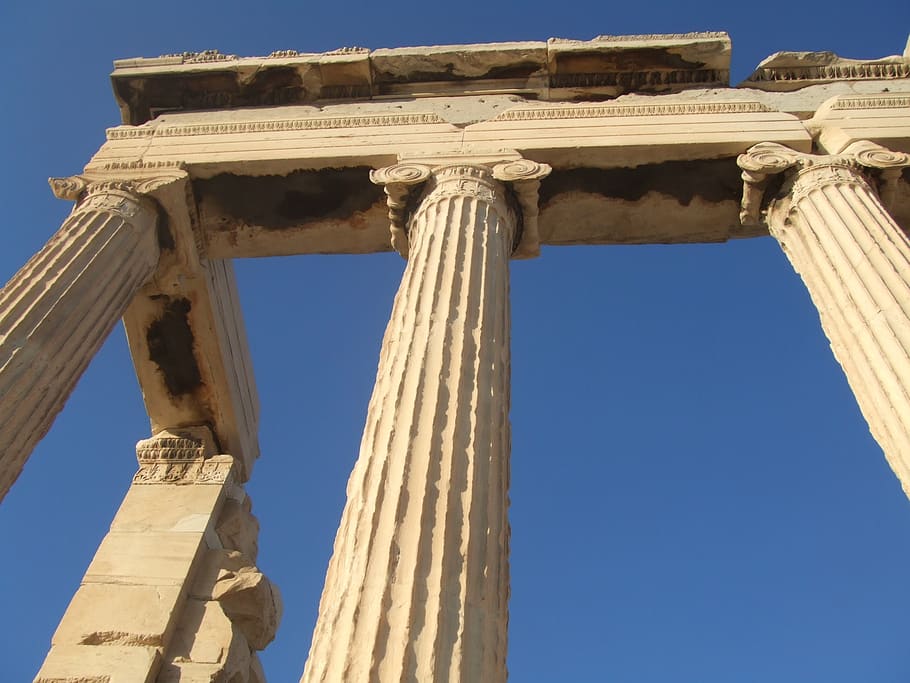 greece, column, arch, ancient, sky, blue, architecture, history HD wallpaper