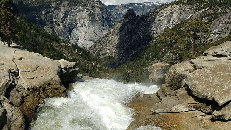 body of water near green leafed trees, yosemite, waterfall HD wallpaper