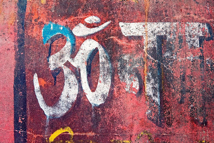 photo of OM text, graffiti, texture, wall, devanagari, words