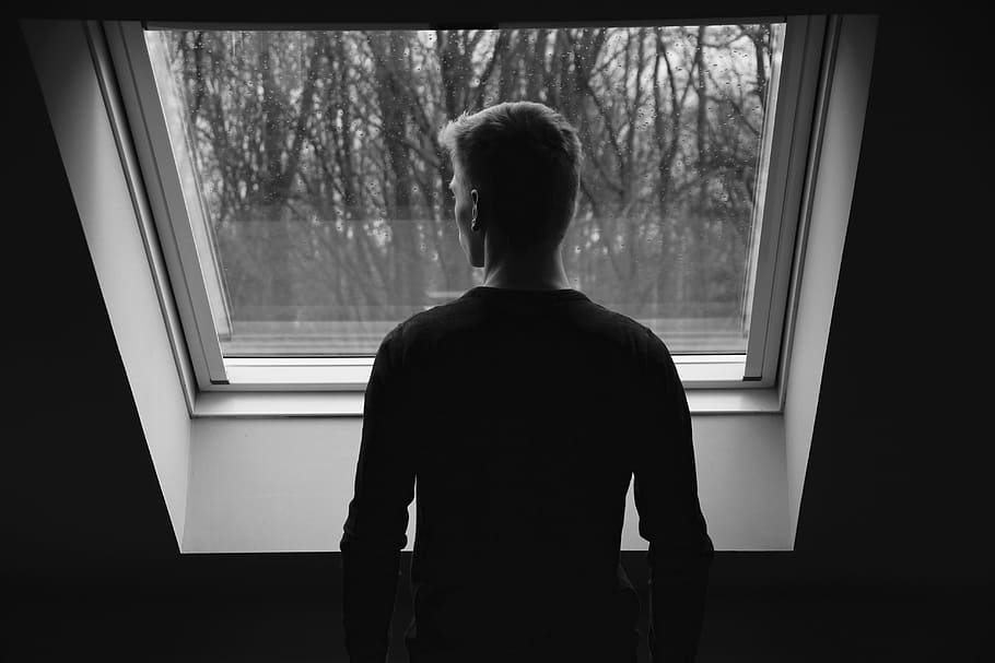 HD wallpaper: Greyscale Photo of Man Looking Through Window, black