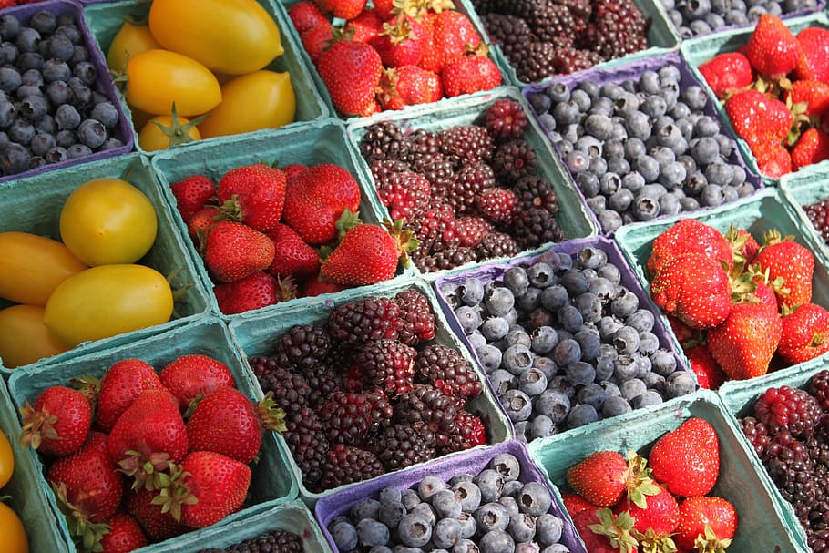 assorted berries, farmers, market, fruit, farmers market, fresh, HD wallpaper