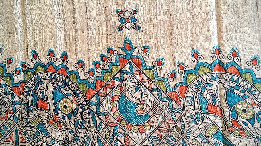 blue, brown, cloth, design, fish, flower, green, handicraft HD wallpaper