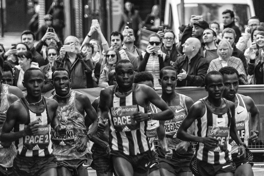 london marathon, elite runners, kenyan runners, pacemaker, human representation, HD wallpaper