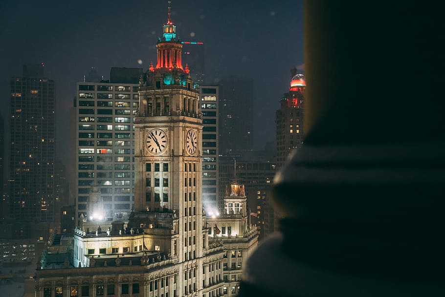 bird's eye view of clock tower, selective focus photography of white concrete tower HD wallpaper
