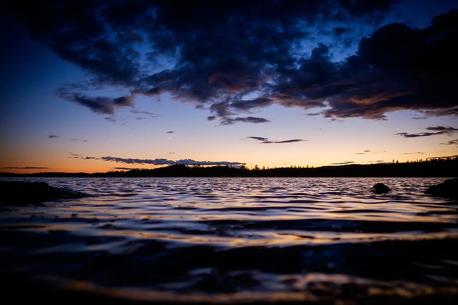 sunset, dark, clouds, mountain, trees, orange, ocean, sea, water HD wallpaper