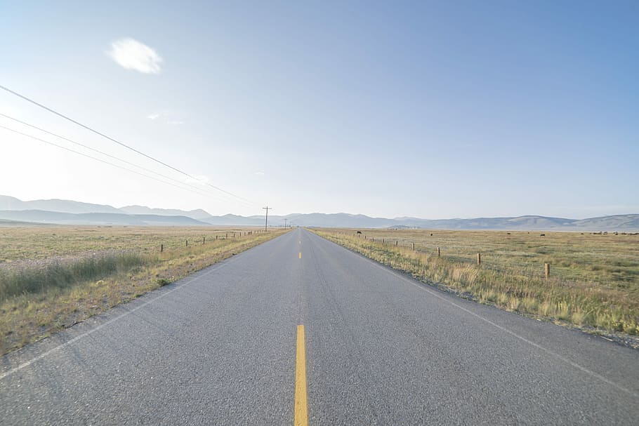 road between grass fields, gray concrete road under blue sky during daytime HD wallpaper