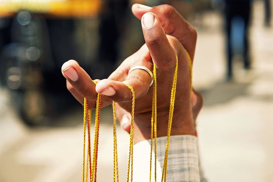 gold-colored necklaces, hand, fingers, ring, person, rope, present, HD wallpaper