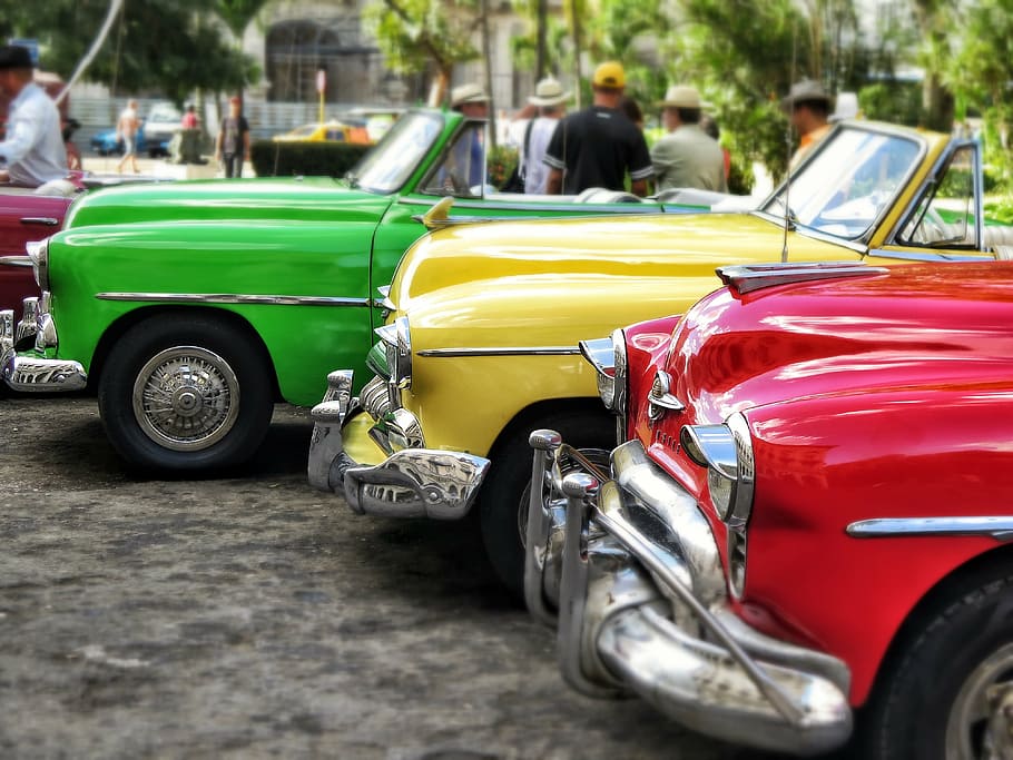 green, yellow, and red convetibles, oldtimer, vintage, retro HD wallpaper