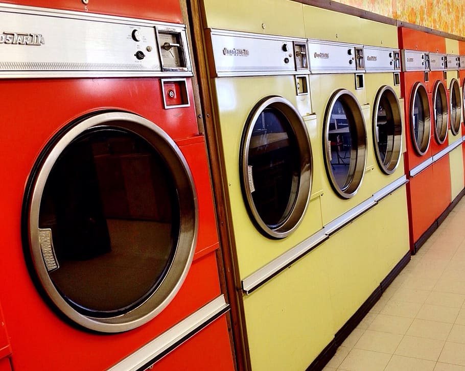 red and yellow front-load clothes dryers, laundromat, washer, HD wallpaper