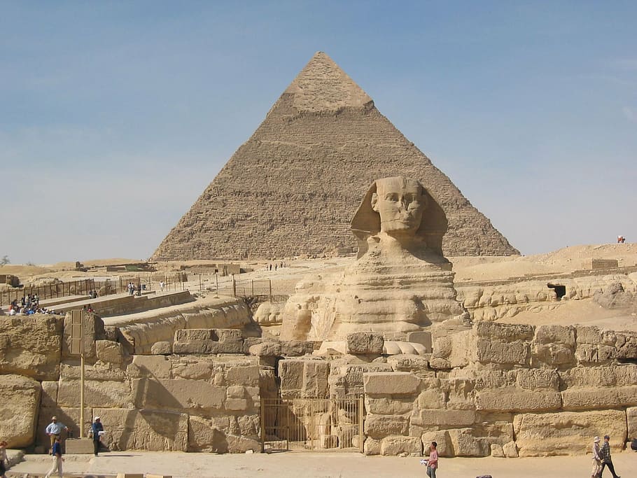 Pyramid of Giza, Egypt, sphinx, pyramids, cheops, chephren, cairo, HD wallpaper