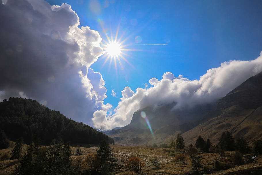 landscape, mountains, clouds, sunlight, alpine scenery, high mountains HD wallpaper