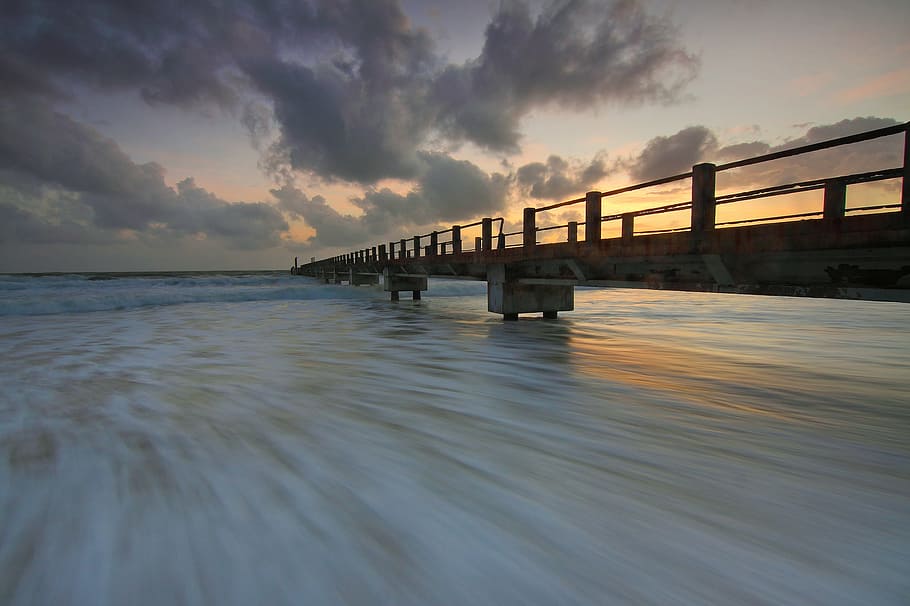 beach, dawn, dusk, ocean, outdoors, pier, sea, seascape, seashore HD wallpaper