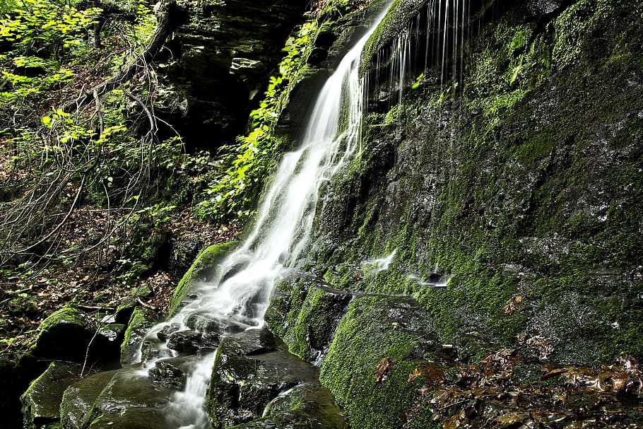 waterfall, cascade, stream, rock, flowing, green, scenery, scenic HD wallpaper