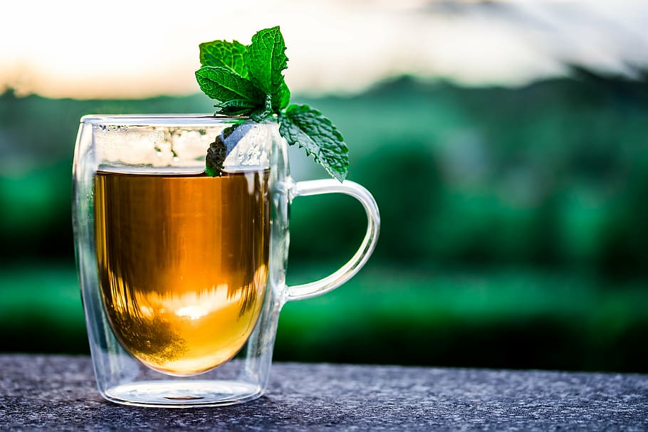 clear glass mug, teacup, cup of tea, tee, drink, hot, peppermint tea, HD wallpaper