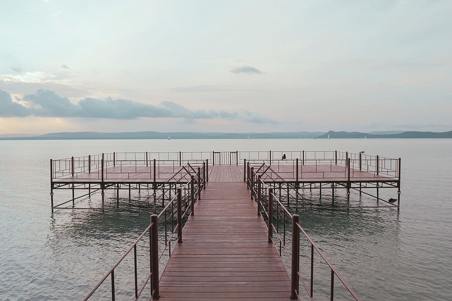 bridge, structure, pathway, pier, steel, sea, ocean, water HD wallpaper