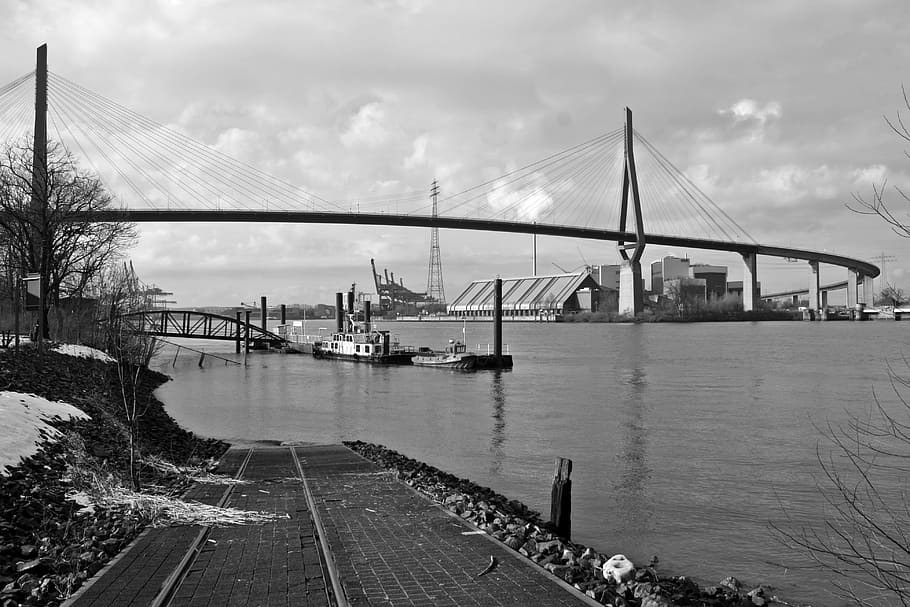 river, bridge, waters, transport system, suspension bridge, HD wallpaper