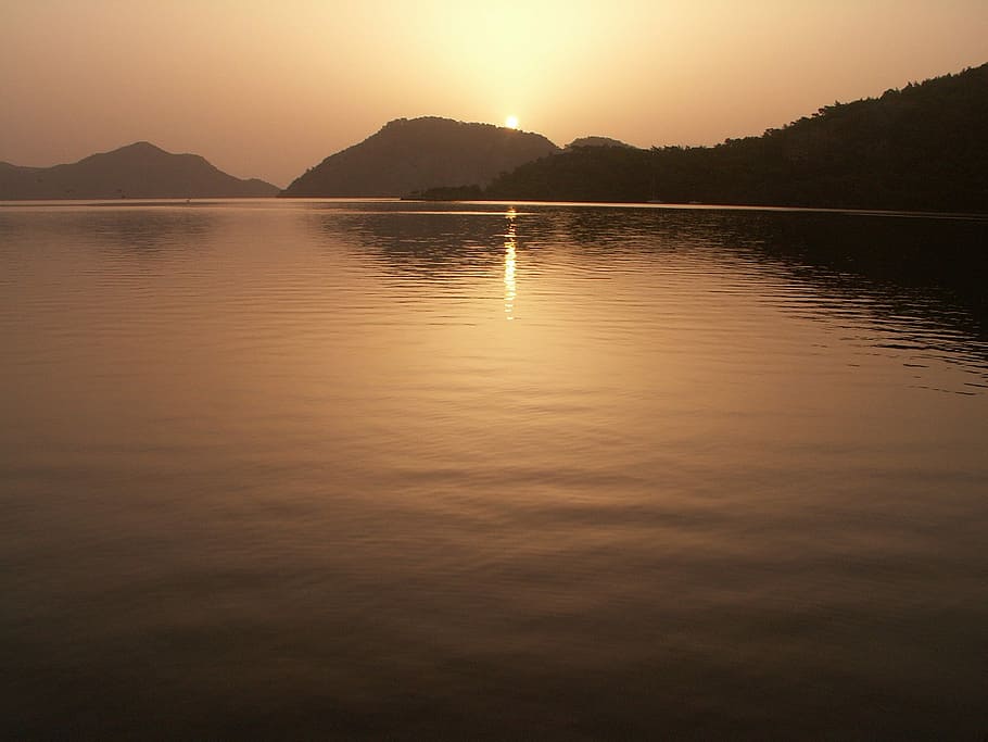 evening, yacht, harbor, sunset, sky, water, mountain, beauty in nature HD wallpaper