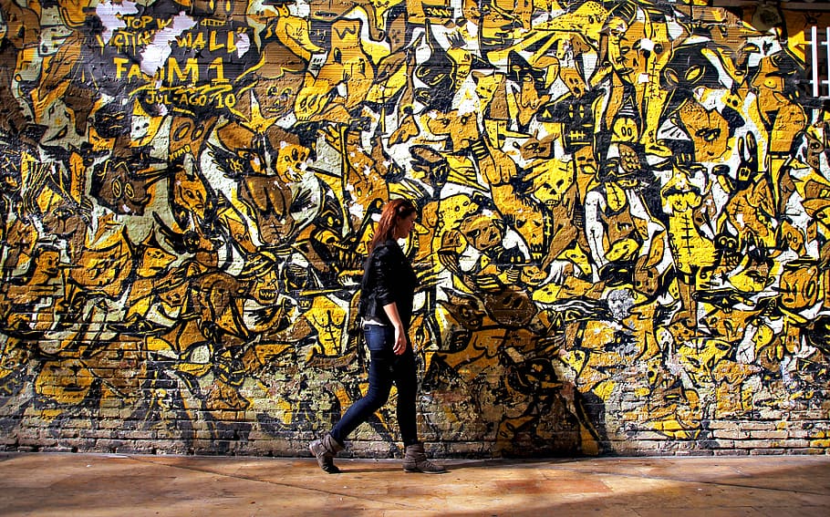 yellow, women, girl, street, graffiti, old, wall, city, urban, HD wallpaper