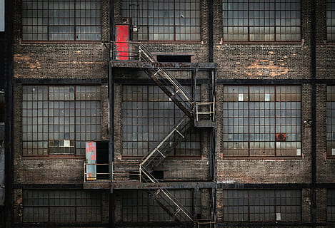 black metal ladder, factory, building, abandoned, fire escape HD wallpaper