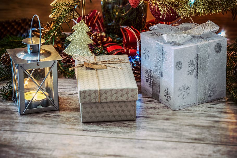 silver and brown gift boxes, christmas, trees, decor, ornaments HD wallpaper