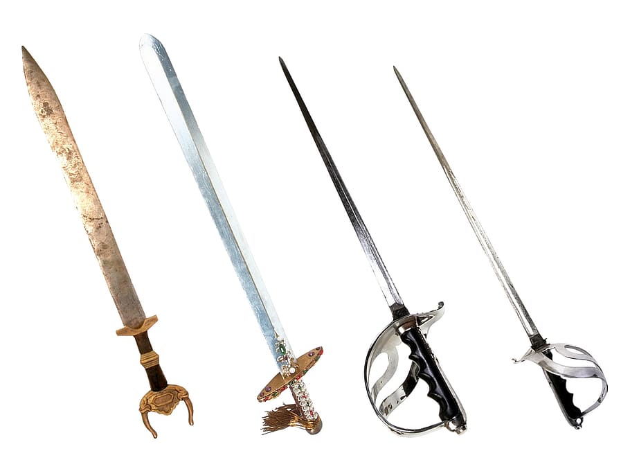 four assorted swords, battle, steel arms, blade, handle, sharp