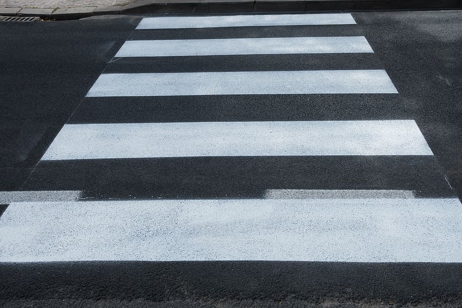 white pedestrian lane on road, zebra crossing, black, stripes HD wallpaper
