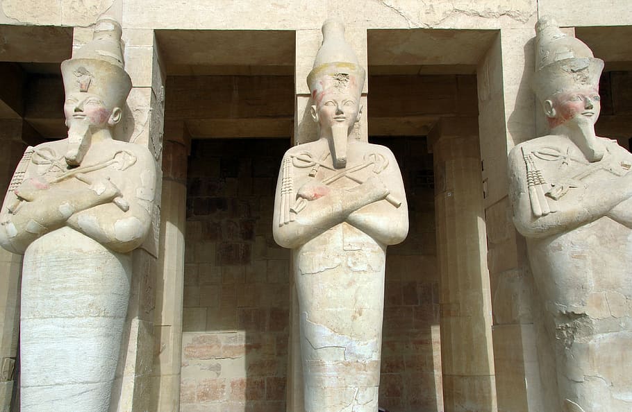 egyptian statues, valley of the queens, hatshepsut, temple pillars, HD wallpaper