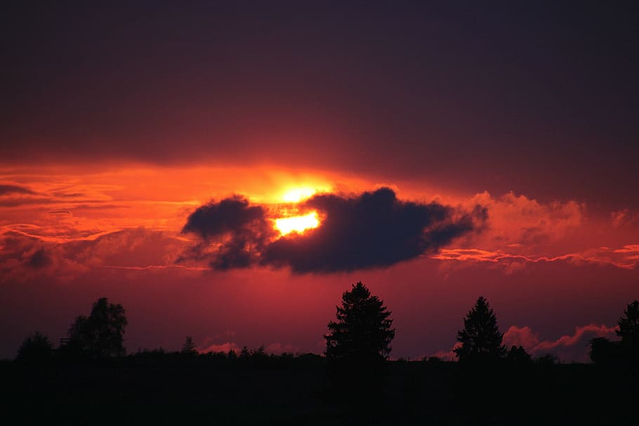 sunset, abendstimmung, setting sun, afterglow, clouds, landscape HD wallpaper
