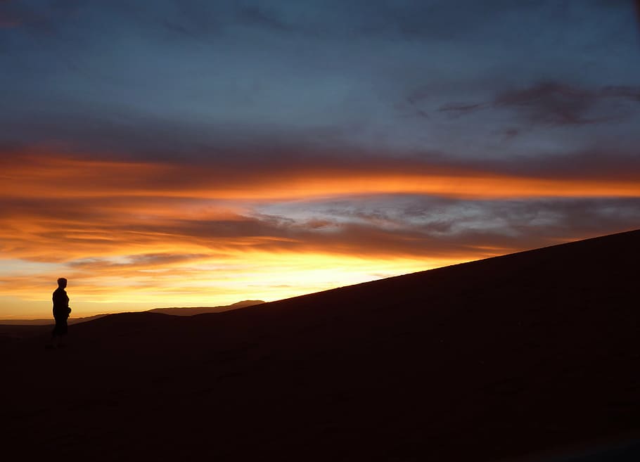 person's silhouette during sunset, atacama, moon, valley, argentine, HD wallpaper