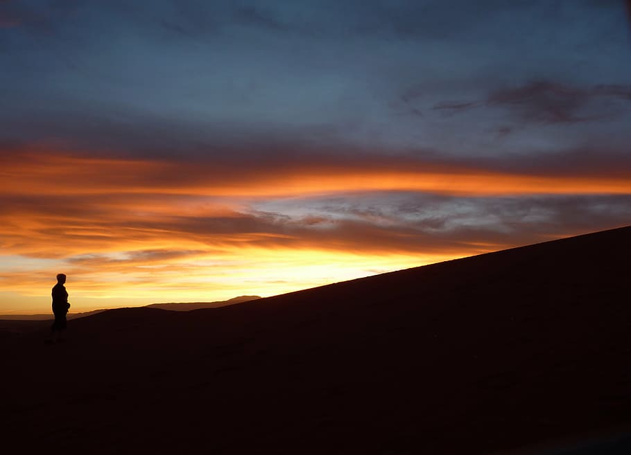 person's silhouette during sunset, atacama, moon, valley, argentine HD wallpaper