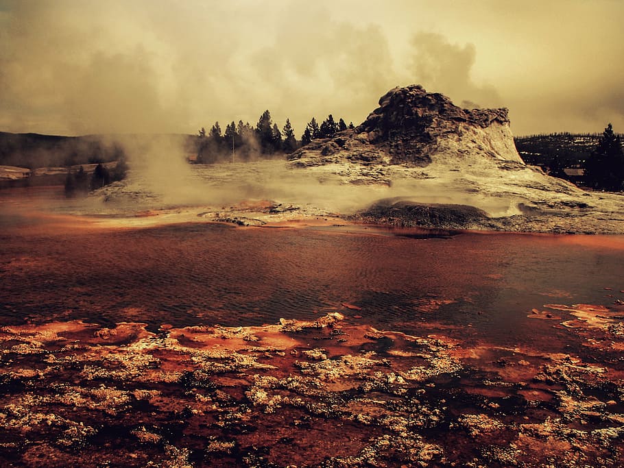 Yellowstone geyser, landscape, tree, nature, forest, sky, season HD wallpaper