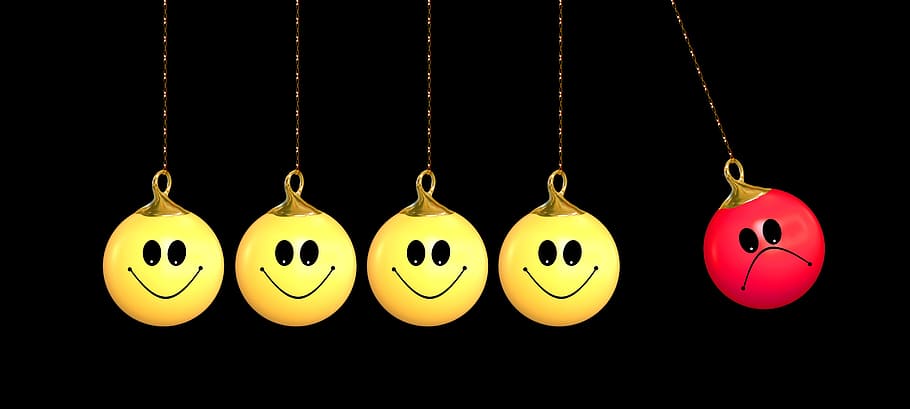 five yellow and red hanging balls, terrorist, happiness, positive, HD wallpaper