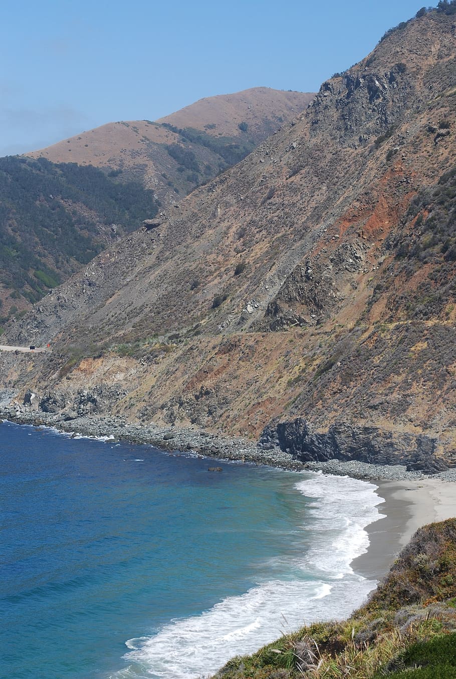mountain range, coastline, landscape, nature, blue, beach, outdoors HD wallpaper